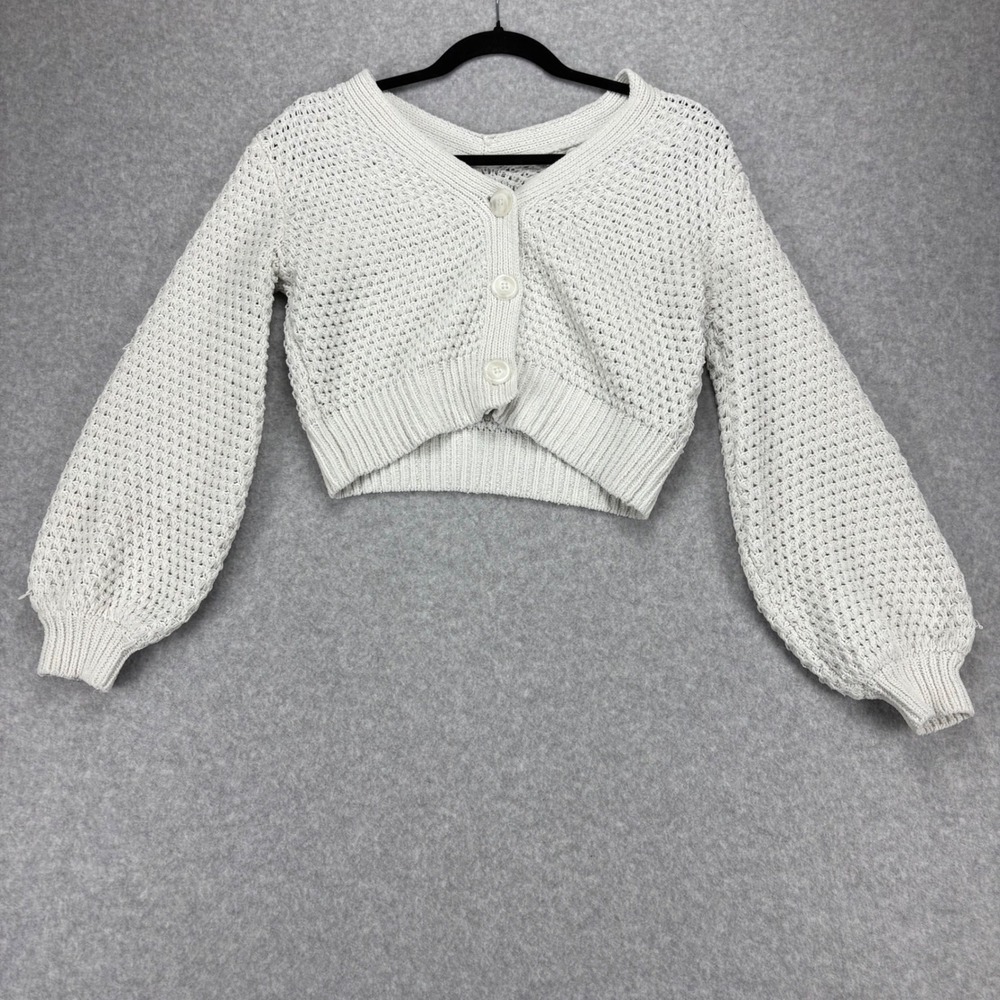 Abercrombie & Fitch Cardigan Womens XXS White Cropped Knit Balloon Sleeve Boho